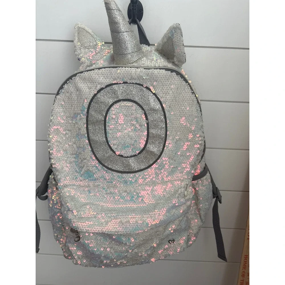 Vintage y2k Justice Girls Iridescent Sequin Unicorn Backpack Initial O